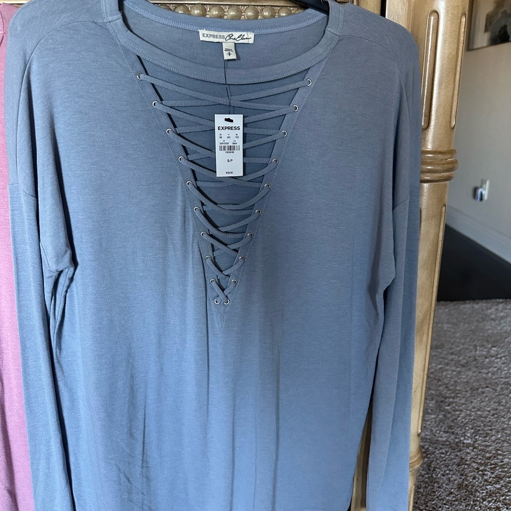 NWT Express One Eleven Lace-Up Long Sleeve Top in light Blue size Small.